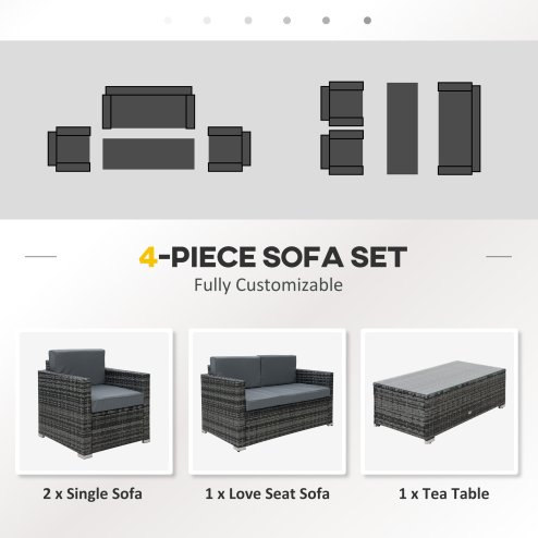Outsunny 4 Pieces Outdoor PE Rattan Sofa Set with Cushions, Patio Wicker Conversation Furniture Set with Glass Top Coffee Table, Mixed Grey