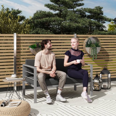 Outsunny 2 Seater Garden Sofa, All-Weather Garden Loveseat with Removable Cushions, Metal Frame Outdoor Furniture for Balcony, Charcoal Grey