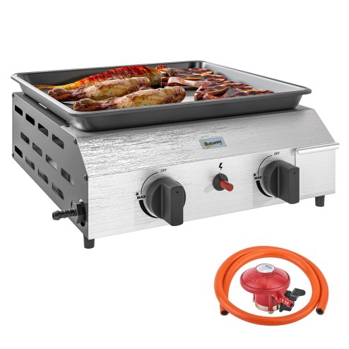 Outsunny Gas Plancha Grill with 2 Stainless Steel Burners, 4.8kW, Portable Tabletop Gas BBQ with Non-Stick Griddle for Camping, Picnic, Garden, Party, Festival, Silver Tone