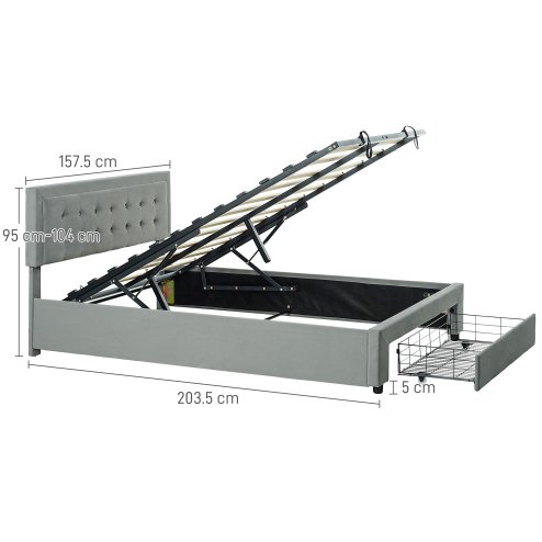 HOMCOM Double Ottoman Bed Frame with Hydraulic Lifting Storage, Wheeled Drawer, Adjustable Velvet Upholstered Headboard, Wooden Slats Mattress Foundation, No Box Spring Needed, Grey