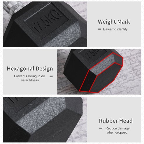 HOMCOM 17.5KG Single Rubber Hex Dumbbell Portable Hand Weights Dumbbell Home Gym Workout Fitness Hand Dumbbell