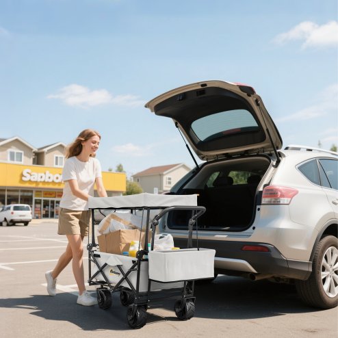 Outsunny 120L Festival Trolley on Wheels, Folding Camping Trolley Cart with Removable Canopy, All-Terrain Wheels, Adjustable Handle and Side Pockets for Garden Beach Fishing Shopping, Grey