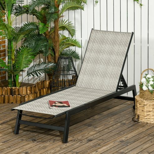 Outsunny Outdoor PE Rattan Sun Lounger, Patio Wicker Chaise Lounge Chair with 5-Position Backrest, Wheels for Sun Room, Garden, Poolside, Grey