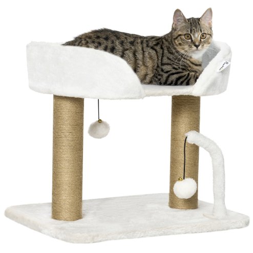 PawHut Cat Scratching Post Cat Tree Tower With Bed for Indoor Cats Scratcher Toy Balls 48 x 38 x 42cm - White