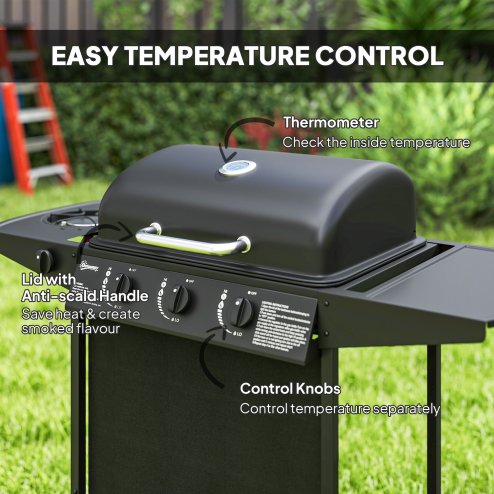 Outsunny 3+1 Burner Gas BBQ Grill with Built-in Thermometer, Lid, Portable Gas Barbecue Grill with Side Table, Shelf, Spice Rack, Wheels, Grease Cup for Garden Party Outdoor Cooking, Black