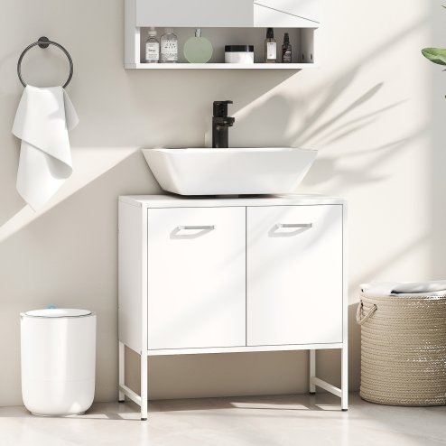 HOMCOM Under Sink Bathroom Cabinet, Freestanding Under Sink Cabinet with Soft-Close Doors and Adjustable Shelf for Basin without or with Pedestal