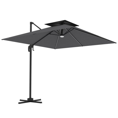 Outsunny 2.5m Cantilever Parasol with Solar Powered LED Lights, Double Top Square Overhanging Garden Parasol with 360?? Rotation, Tilt Adjustment, Crank Handle, Dark Grey
