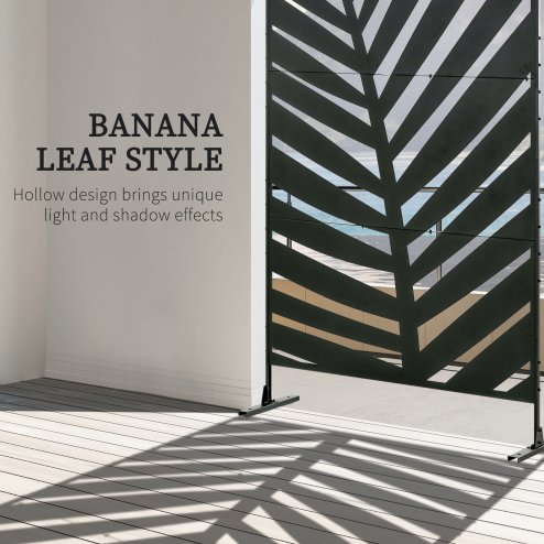 Outsunny Decorative Garden Privacy Screen with Stand, 6.5FT Freestanding Metal Outdoor Divider, Decorative Privacy Panel with Expansion Screws for Garden Pool Hot Tub, Banana Leaf Style, Black