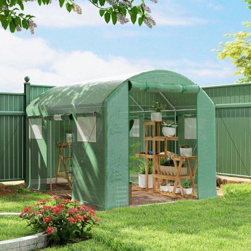 Outsunny 3 x 2 x 2m Polytunnel Greenhouse with 3 Roll-up Doors and Mesh Windows, Walk-in Garden Tunnel Warm House Tent with UV-resistant PE Cover and Galvanised Steel Frame, Green