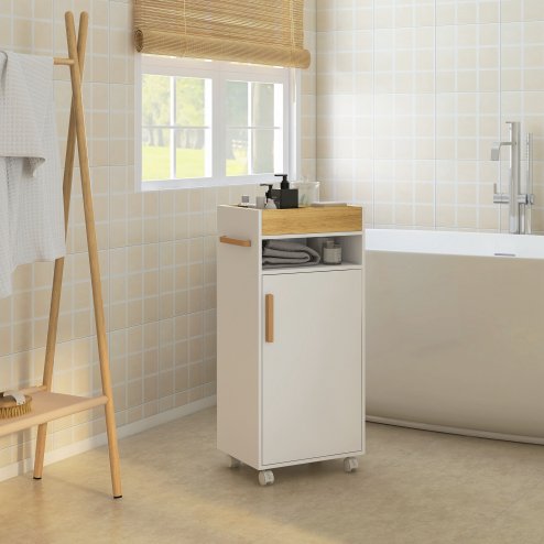 kleankin Bathroom Cabinet with Wheels, Bathroom Storage Cabinet with Cushioned Door, Removable Tray, Open Compartment and Adjustable Shelves for Washroom, White