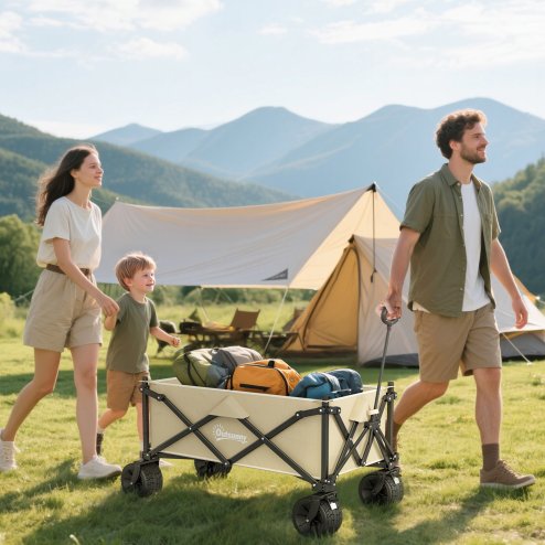 Outsunny 110L Festival Trolley on Wheels, Folding Camping Trolley Cart with Telescopic Handle, Carry Bag and All-Terrain Big Wheels, for Garden, Beach, Fishing, Black, Khaki
