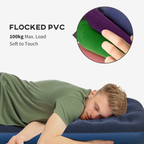 Outsunny Single Air Bed with Hand Pump, Inflatable Mattress with Flocked Surface for Guest, Camping, Travel, 191 x 73 x 22cm, Blue