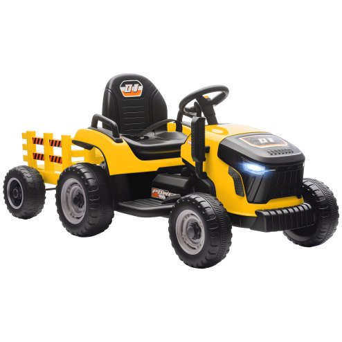 AIYAPLAY Ride on Tractor with Trailer, 12V Electric Vehicle with Remote Control, Ride on Car for Kids with Music, Shifter, Start-Up Sound for Ages 3-8 Years, Yellow Image
