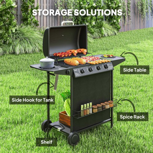 Outsunny 4+1 Burner Gas BBQ Grill, Portable Gas Barbecue Grill with Built-in Thermometer, Lid, Side Table, Shelf, Spice Rack, Wheels, Grease Cup for Garden Party Outdoor Cooking, Black