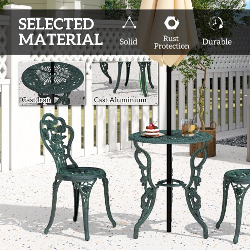 Outsunny Garden Bistro Set with Umbrella Hole, 3 Piece Cast Aluminium Garden Furniture Set, Antique Floral Round Coffee Table and Chairs, Small Balcony Furniture for Outdoor, Patio, Green