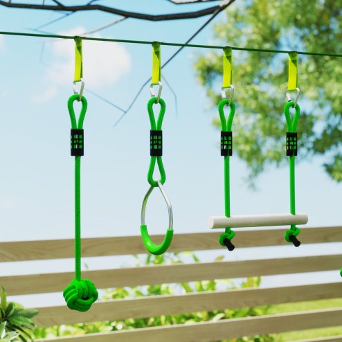 AIYAPLAY Zip Line for Kids Outdoor Adventures,7 Piece 10m Kids Slackline Kit with Wooden Monkey Bars, Metal Rings, Gripping Balls, Toddler Zip Line for Garden, Green