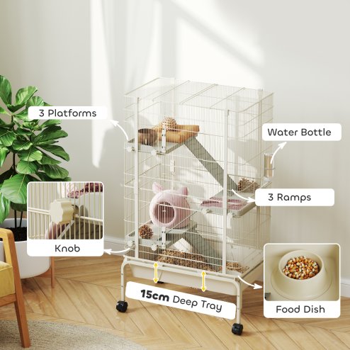 PawHut Rolling Rabbit Cage, 4 Level Rolling Rat Cage with 3 Ramps, Water Bottle, Food Dish, 15cm Deep Tray for Easy Cleaning, Small Pet Cage for Ferrets, Chinchillas, Squirrel, Syrian, Beige