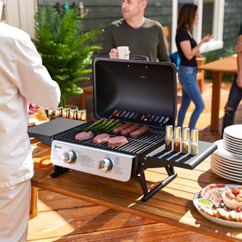 Outsunny 2 Burner Gas BBQ Grill with Foldable Side Tables, Portable Tabletop Gas Barbecue Grill with Built-in Thermometer, Lid, Grease Tray for Garden Party Camping Picnic Outdoor Cooking 5.6KW, Black