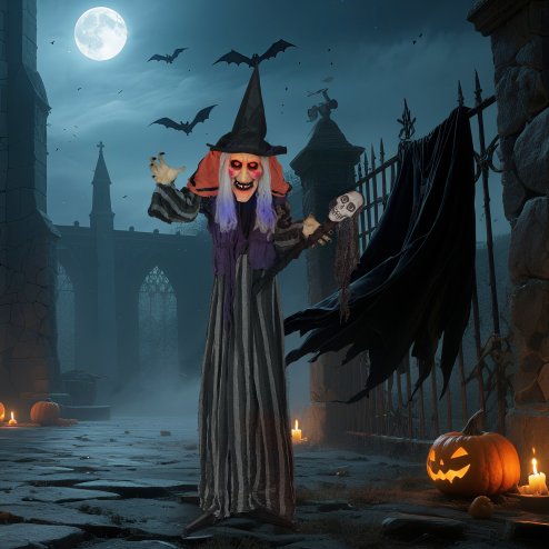Outsunny 160 cm Life Size Halloween Animated Standing Witch & Skull Staff with Glowing LED Eyes & Head, Spooky Witch Scary Halloween Decorations, Battery Operated, Indoor Party Props