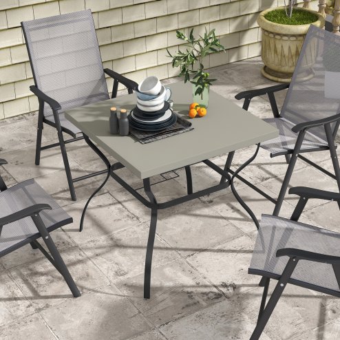 Outsunny 80cm Square Garden Dining Table with Umbrella Hole, Outdoor Dining Table with Marble Effect Top for 4 People, Black/Grey