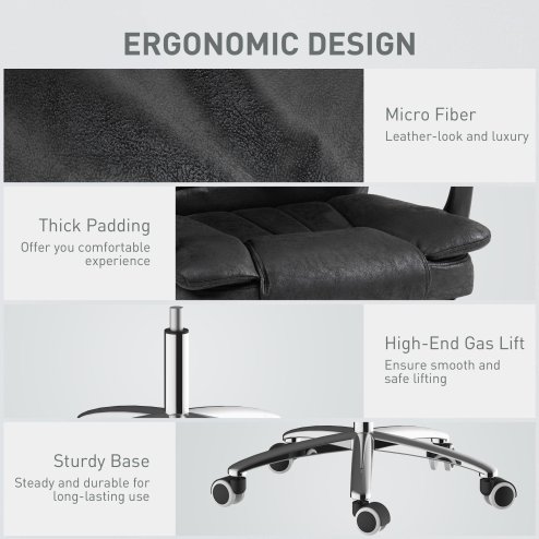 Vinsetto Office Chair, Microfibre Reclining Computer Desk Chair with Footrest and Adjustable Height, Swivel Wheels for Home Office, Black