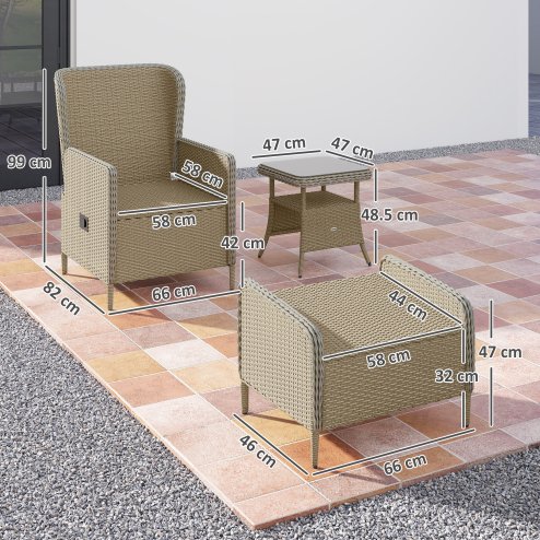 Outsunny 5 Piece Rattan Garden Furniture Set with Recliner Chairs, Wicker Patio Conversation Set with Footstools, 2-Tier Glass Top Coffee Table, Cushions for Outdoor, Balcony, Porch, Light Grey