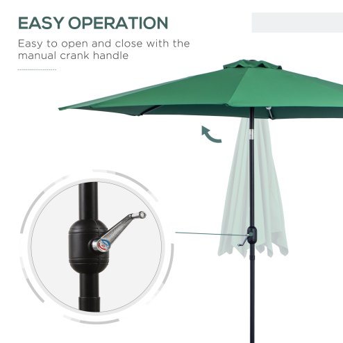 Outsunny 3(m) Garden Parasol Umbrellas, Outdoor Sun Shade with 8 Ribs, Tilt and Crank Handle for Balcony, Bench, Garden, Green