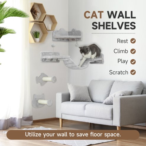 PawHut Cat Wall Shelves, 4 Piece Wall-Mounted Cat Tree with Steps, Ladder, Jumping Platforms, Scratching Posts, Toy Ball, Cat Wall Furniture for Indoor Cats, Light Grey