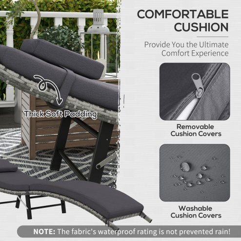 Outsunny Folding Rattan Sun Lounger, Wicker Garden Lounger with Cushion and Pillow, Outdoor Sunbed with Steel Frame for Patio, Beach, Terrace, Grey