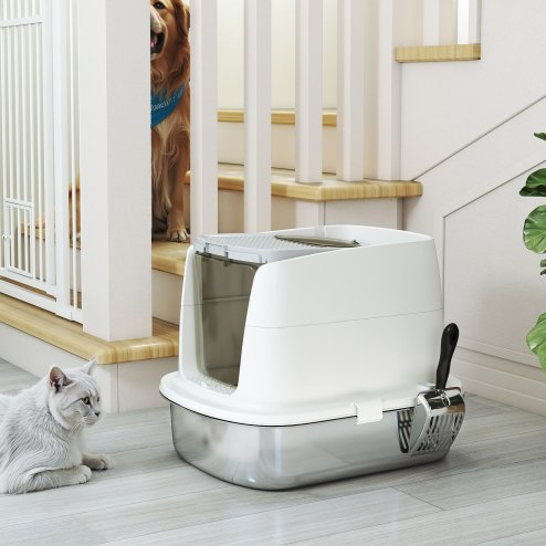 PawHut Stainless Steel Litter Box with Lid, Large Hooded Cat Litter Tray with Flip Cover, Metal Scoop, Deodoriser Bag, Non-Sticky, Odour Control and Easy Clean, White