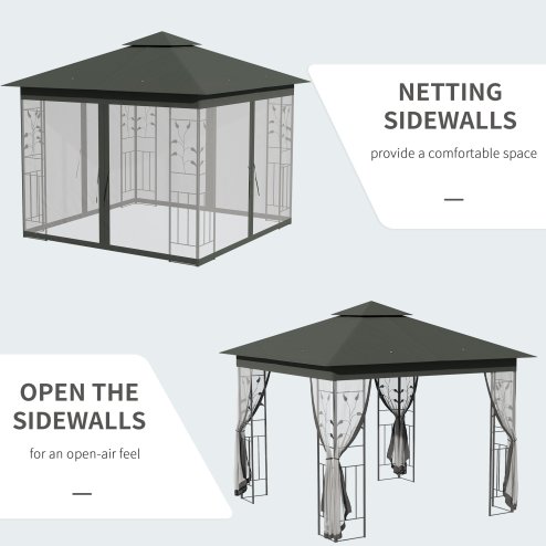 Outsunny 3(m) x 3(m) Garden Gazebo, Double Roof Outdoor Gazebo Canopy Shelter with Netting, Solid Steel Frame, for Garden, Lawn and Deck, Grey