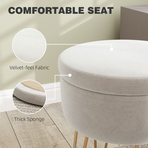 HOMCOM 5L Velvet Storage Ottoman, Modern Round Footstool with Metal Hairpin Legs and Removable Lid, Dressing Table Stool Side Table for Hallway, Bedroom, Living Room, 33 x 33 x 43 cm, Cream White