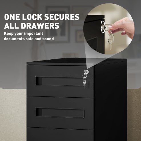 Vinsetto Metal Mobile File Cabinet with Wheels, Lockable 3 Drawer Filing Cabinet for A4, Legal, Letter, Compact Under Desk Storage Unit with Pre-Assembled Body for Home Office, 30 x 43.5 x 60cm, Black