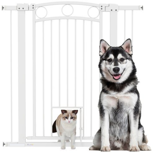 PawHut Dog Stair Gate 106cm Extra Tall Height, 76-104cm Adjustable Width Pressure Fit Safety Gate With Cat Door, 7cm and 14cm Extensions for Stairs, Doorways, Easy Installation, White
