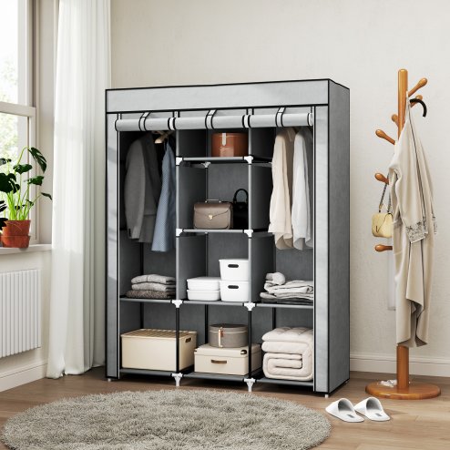 HOMCOM Fabric Wardrobe, Portable Wardrobe, Clothes Storage Unit with 8 Shelves, 2 Hanging Rods, 125 x 43 x 162.5 cm, Light Grey