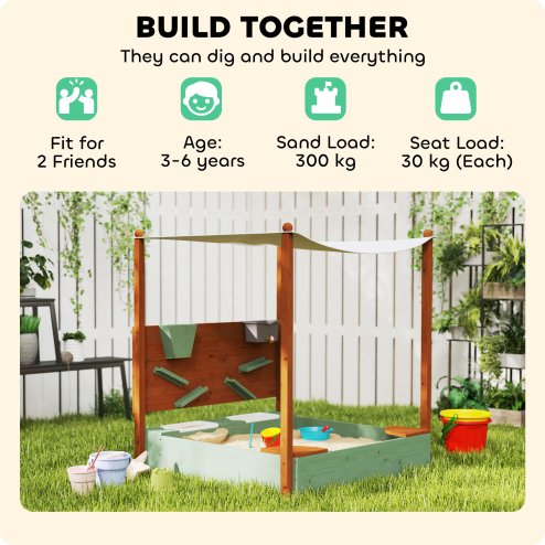 AIYAPLAY Wooden Kids Sandpit Outdoor Sandbox with Canopy with 2 Storage Bins, Funnel, Liner, Chutes, Bucket with Tap for 3-6 Years, 116 x 112.5 x 128 cm, Green