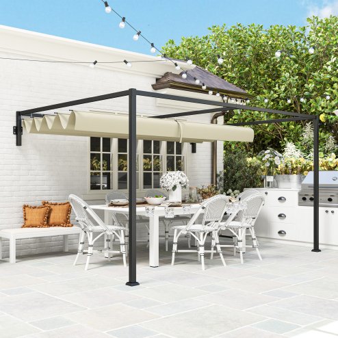 Outsunny 3 x 4m Lean To Pergola with Retractable Roof, Wall Mounted Garden Gazebo Outdoor Sun Shade Shelter for Patio, Deck, Khaki