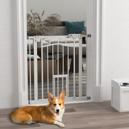PawHut Dog Stair Gate Pet Barrier with Small Cat Door, Pressure Fit Safety Gate  with Auto Closing System, Double Locking, for Hallways - White