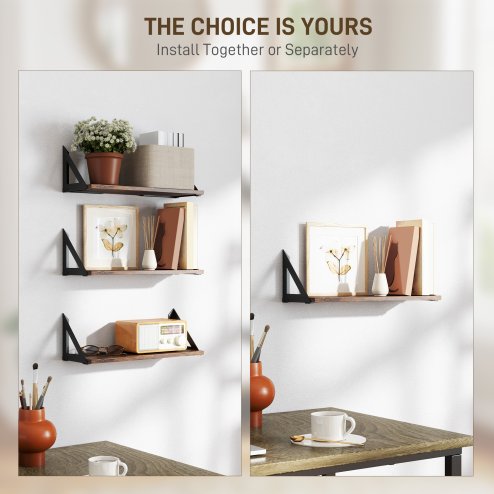 HOMCOM Set of 3 Wall Shelves, Vintage Wall Mounted Floating Shelves for Living Room, Entryway, Bedroom, Rustic Brown