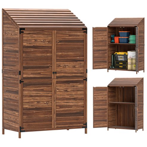 Outsunny Lean-to Small Shed, Tall Wooden Garden Shed with Slatted Bottom, Magnetic Doors, Double Shelves, Outdoor Tool Log Store, 103.5 x 59 x 174.5 cm, Mixed-Brown