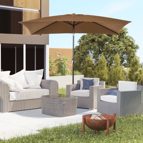 Outsunny 3x2m Garden Parasol Umbrella with Tilt and Crank, Outdoor Sun Shade Canopy with Aluminium Frame and Steel Ribs, Rectangular, Brown