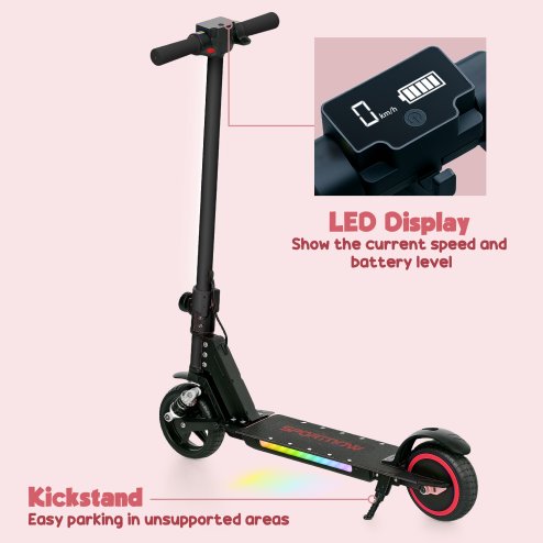 SPORTNOW Electric Scooter for Kids, Folding E Scooter for Age 6-14 with Dual Brakes, Up to 14 KM/H, Maximum Range 6 KM, 6.8kg Lightweight, Front Suspension, LED Colourful Lights, Black