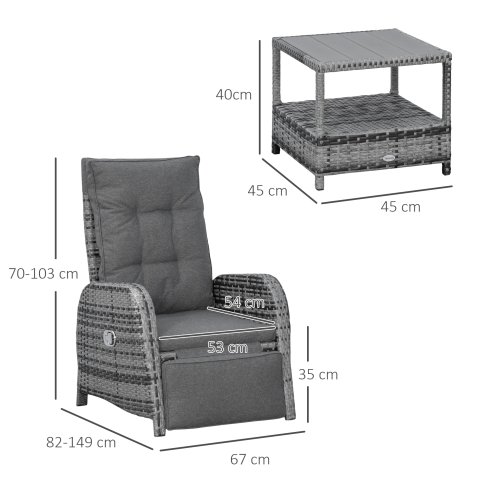Outsunny 3 Pieces Rattan Bistro Set, Wicker Balcony Furniture Set with Reclining Sun Loungers, 2-Tier Coffee Table and Cushions, 2 Seater Garden Furniture for Outdoor Patio Balcony, Mixed Grey