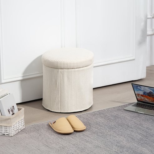 HOMCOM 40cm Round Storage Ottoman, Corduroy Footstool with Removable Lid and Legs, Vanity Stool for Living Room, Bedroom