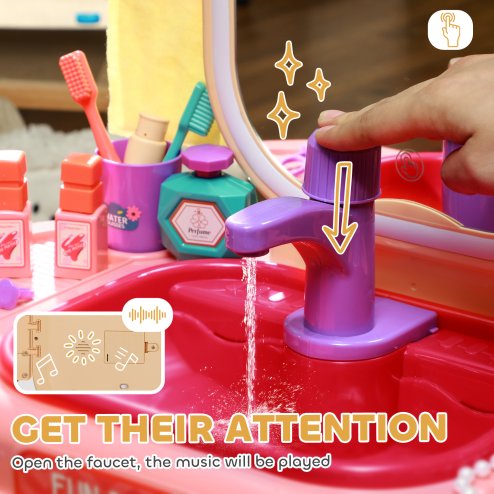 AIYAPLAY Kids Dressing Table, Kids Vanity Table with Mirror LED Light, Music, 23 Accessories, for 3-6 Years - Pink