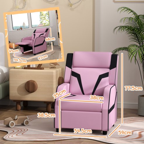 AIYAPLAY Kids Recliner, 2 in 1 Toddler Gaming Recliner with Backrest, Armrest, Footrest, PU Leather Lounge Armchair for Playroom, Bedroom, Kids Room, Pink