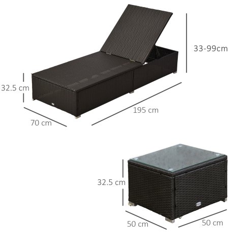 Outsunny 3 Pieces Rattan Sun Loungers with Side Table, 5-Level Adjustable Garden Recliner Sun Loungers Set of 2 with Cushions, Wicker Outdoor Patio Furniture with Glass Top Coffee Table, Dark Brown