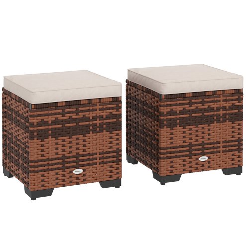 Outsunny Set of 2 Rattan Storage Ottoman, Outdoor Footstool with Removable Cushions, Garden Storage Seat for Balcony, Porch, Living Room, Beige Image