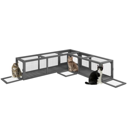 PawHut Wooden Cat Tunnel, Cat Play Tunnel 250cm Extra Long, with Eight Doors, L-Shape/Rectangle, for Cat, Rabbit, Puppy, Dark Grey