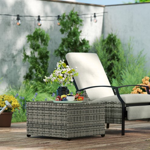 Outsunny Outdoor Coffee Table, PE Rattan Side Table with Tempered Glass Top, Wicker Square Garden Coffee Table End Table with Steel Frame for Patio, Balcony, 60 x 62 x 38cm, Light Grey